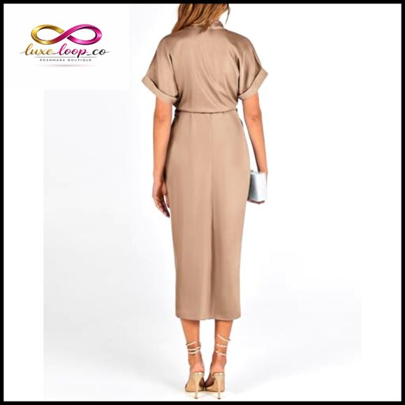 Silk Satin Maxi Dress Button Down Ruched Tie Waist Formal Cocktail Wedding - Picture 5 of 7